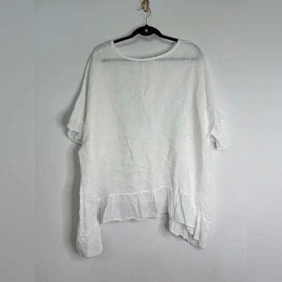 Women’s Angela Mara Oversized Made In Italy Ruffled Hem & Sleeve 100% Linen Top - Picture 2 of 5